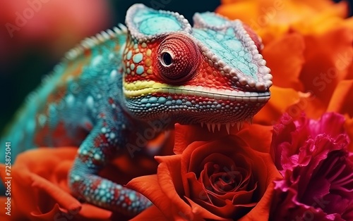 Colorful chameleon on a flower  closeup of photo