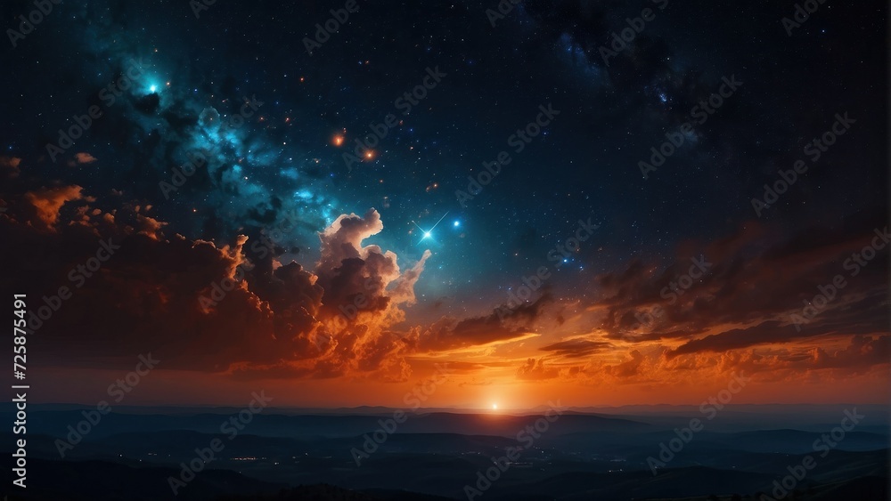 Fototapeta premium Cosmos Banner. Sci-Fi Night Sky Panorama with Orange and Blue Colors. generative, ai.