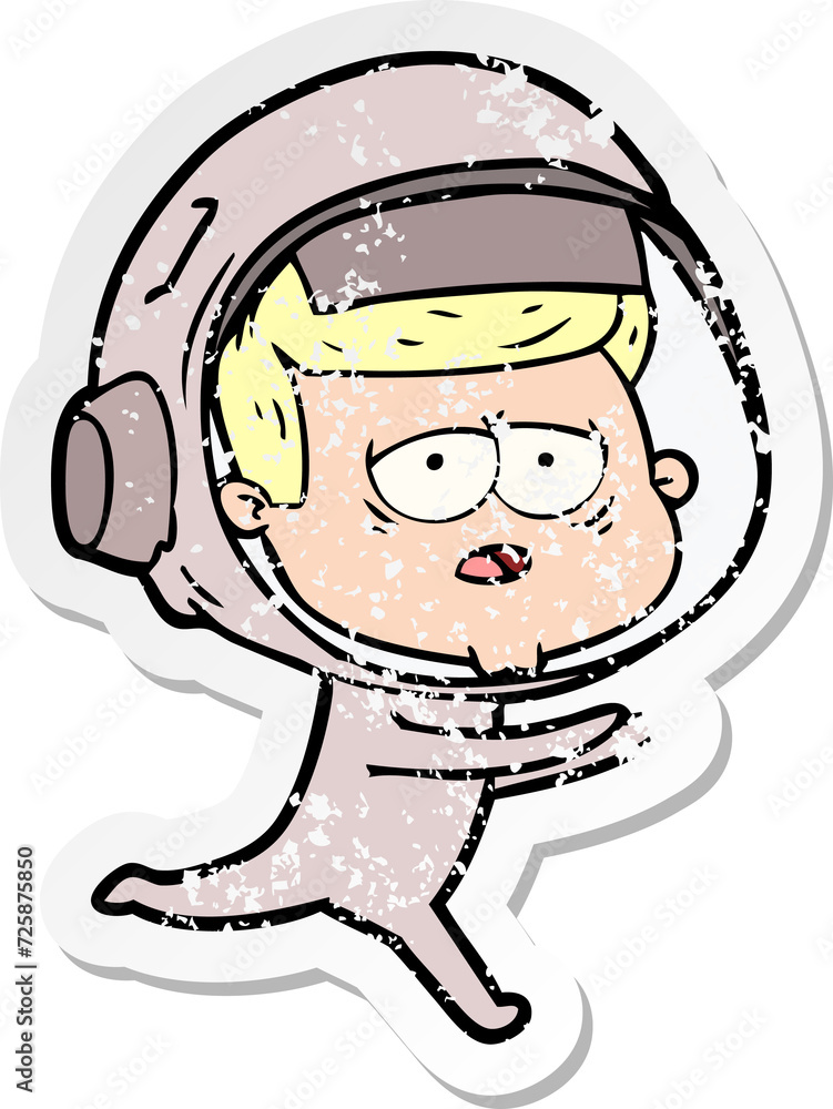 distressed sticker of a cartoon tired astronaut distressed sticker of a cartoon tired astronaut