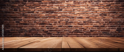 Ai-generated empty wooden tabletop with a background of brown walls of brick.