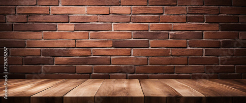 Ai-generated empty wooden tabletop with a background of brown walls of brick.