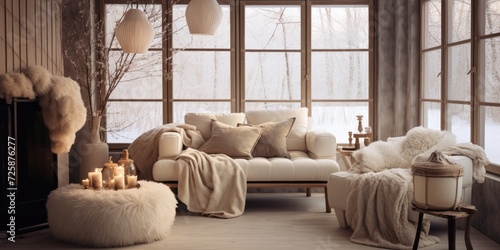 Cozy home interior with neutral winter decor.