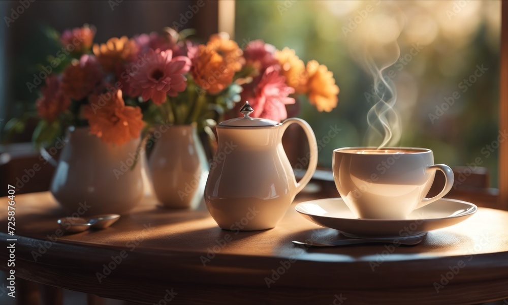 Spring time. ceramic cup of aromatic espresso coffee on the table near windowsill, a bouquet of beautiful flowers, morning sunlight from window Spring time. ceramic cup of aromatic espresso coffee on the table near windowsill, a bouquet of beautiful flowers, morning sunlight from window