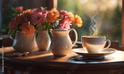 Spring time. ceramic cup of aromatic espresso coffee on the table near windowsill, a bouquet of beautiful flowers, morning sunlight from window