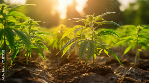 Outdoor cannabis cultivation facility, Rows of young marijuana plant shoot warming with morning sun light. Image with green Medical marijuana MMJ. Cannabis medical herb cultivation facility.