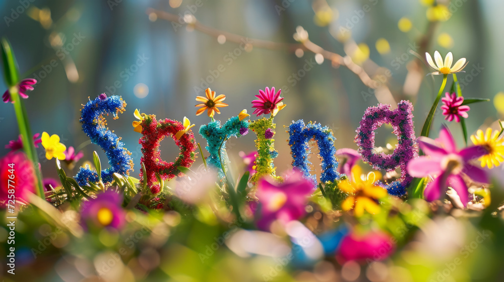 Floral Arrangement of the Word 'SPRING' Amidst Blossoming Flowers
