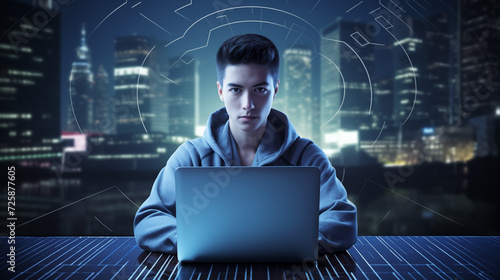 Portrait of young teenager boy using an internet with modern design laptop in the IT company office with a night business city skyscrapers behind huge window. Cyber security and IT-technology concept.