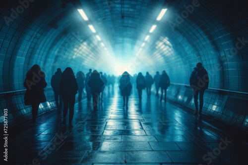 Shadows of individuals walking in a tunnel  their faces obscured by the strong directional light. Concept of enigmatic movement in confined spaces. Generative Ai.
