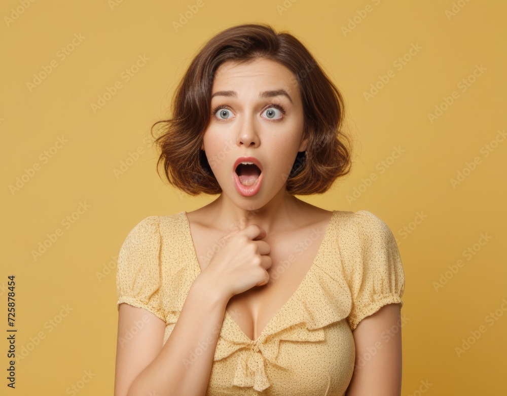 Young woman wearing yellow blouse shocked with surprise Young woman wearing yellow blouse shocked with surprise