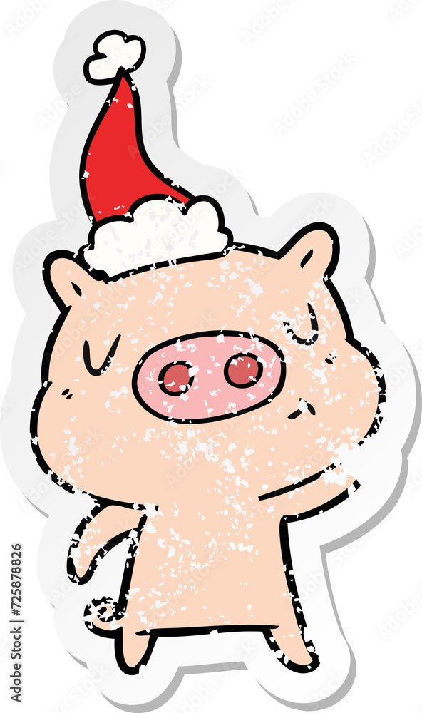 distressed sticker cartoon of a content pig wearing santa hat distressed sticker cartoon of a content pig wearing santa hat