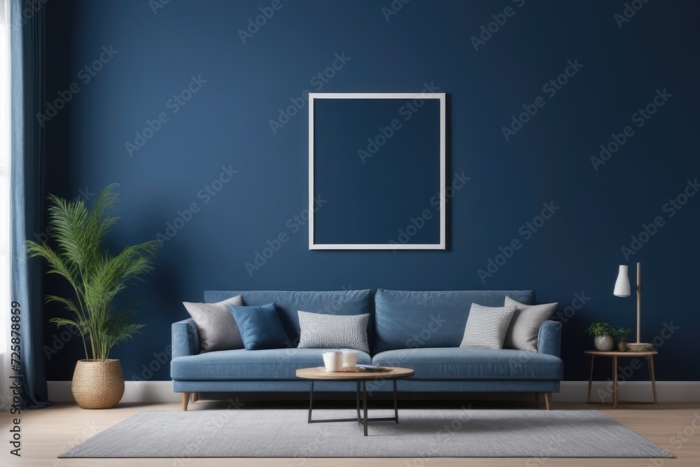 The interior of a modern living room with a dark blue sofa The interior of a modern living room with a dark blue sofa