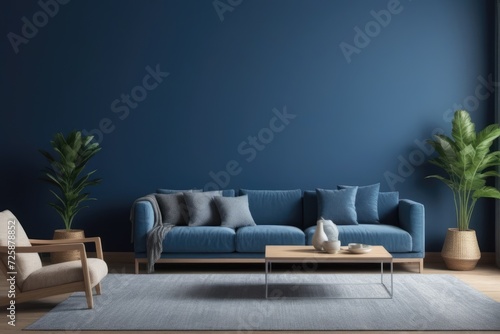 The interior of a modern living room with a dark blue sofa