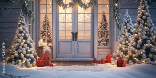 Decorated porch with a white door and Christmas trees. Spruce garlands around the door. Lovely winter terrace with retro light bulb garlands.
