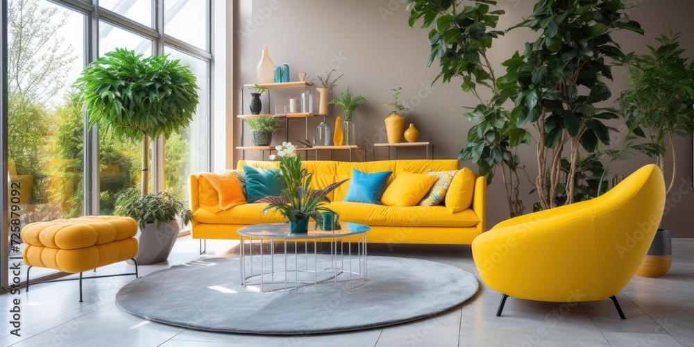 Obraz premium Bright living room with yellow seating furniture.