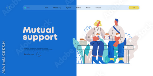 Mutual Support: Share food -modern flat vector concept illustration of woman offering half of her lunch to colleague in the park. A metaphor of voluntary, collaborative exchanges of resource, services