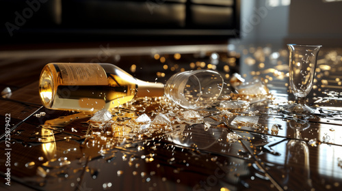 Umgekippte Champagnerflasche und zerbrochenes Glas auf poliertem Boden
