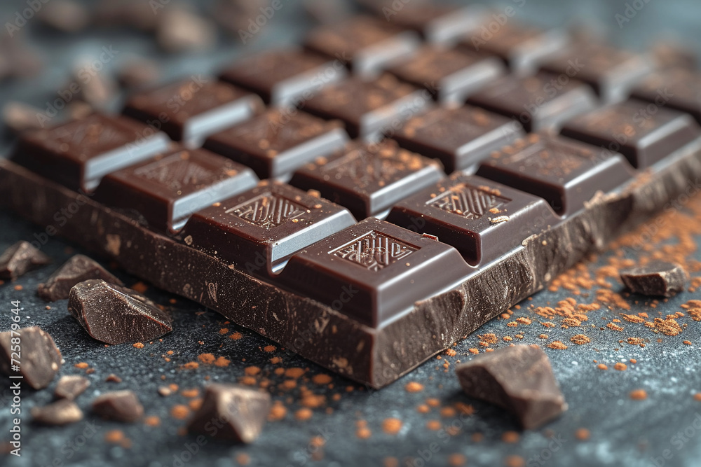 Close up. A bar of delicious dark chocolate with pieces of chocolate on the table. Close up. A bar of delicious dark chocolate with pieces of chocolate on the table.