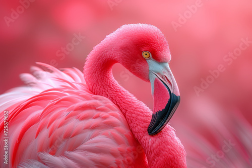 A close-up of a flamingo in shades of soft pink, highlighting the elegance and grace of the bird within a single color palette. Concept of monochromatic flamingo beauty. Generative Ai.