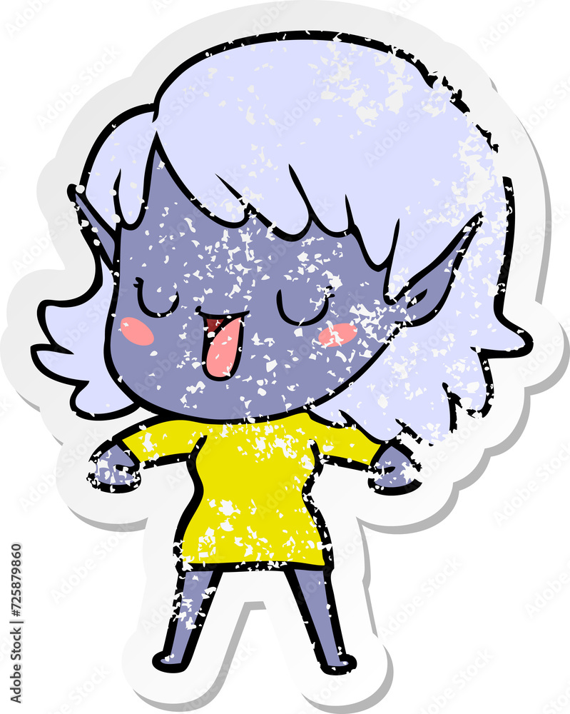 distressed sticker of a cartoon elf girl distressed sticker of a cartoon elf girl