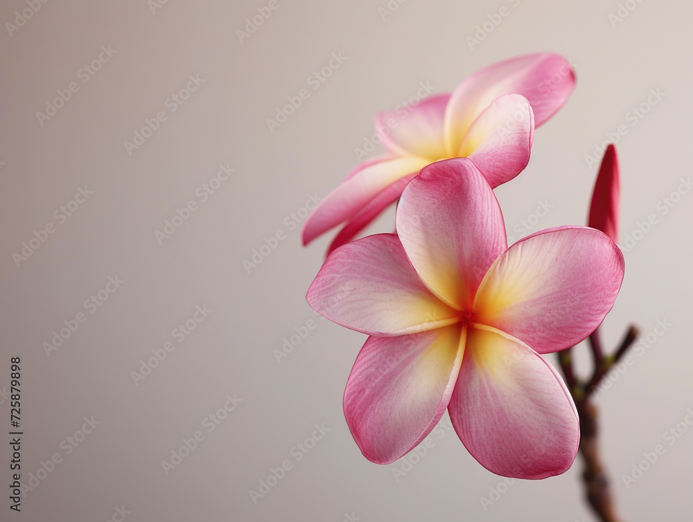 Pink frangipani plumeria flower against beige background