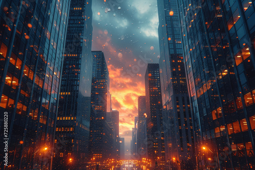 A cityscape captured during golden hour, with the balanced interplay of skyscrapers and shadows, highlighting the geometric beauty of urban environments. Generative Ai.