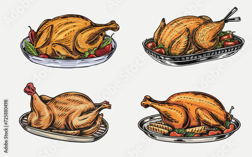 Set of engraved style colorful hand drawn chicken grill, illustration
