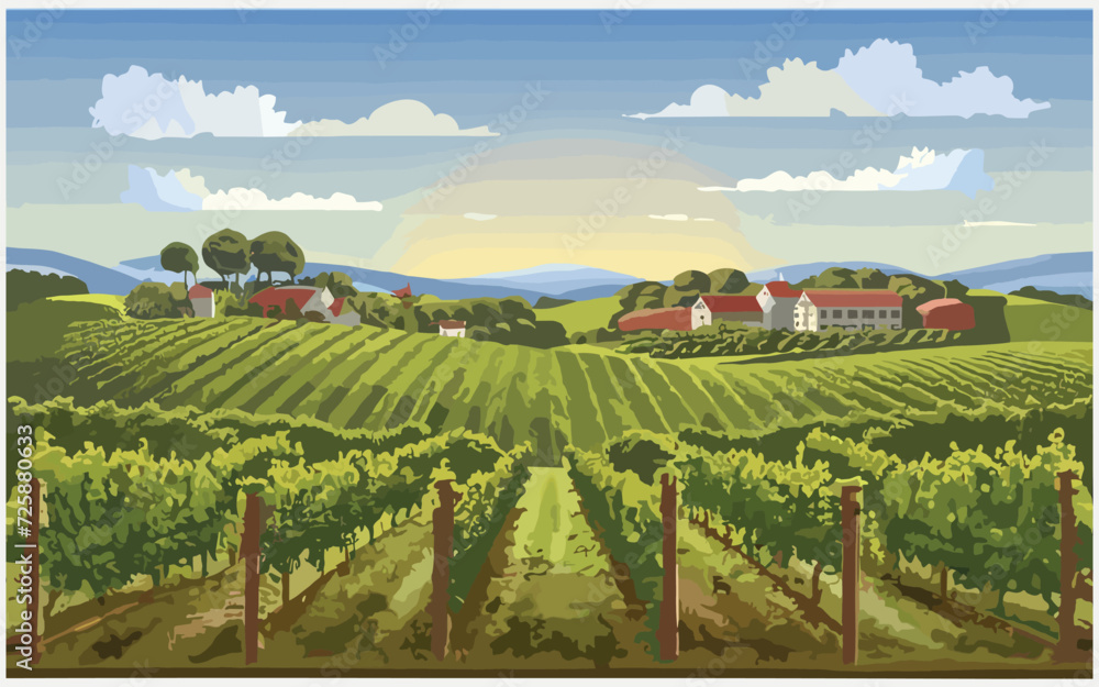 Vine yard landscape with rural horizon, digital art ,illustration