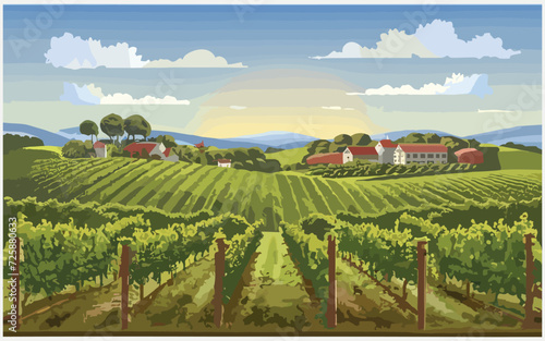 Vine yard landscape with rural horizon  digital art  illustration