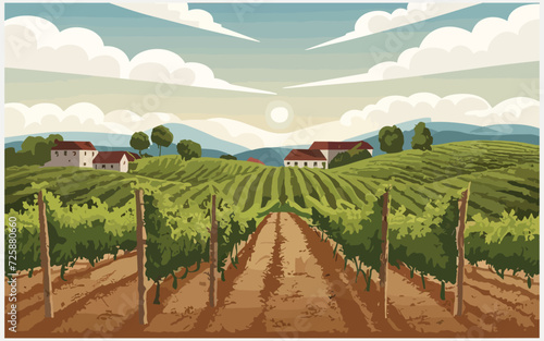 Vine yard landscape with rural horizon, digital art ,illustration