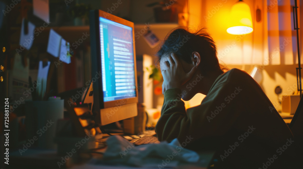 Erschöpfte Person arbeitet spät in einem abgedunkelten Raum vor einem Computerbildschirm - obrazy, fototapety, plakaty 