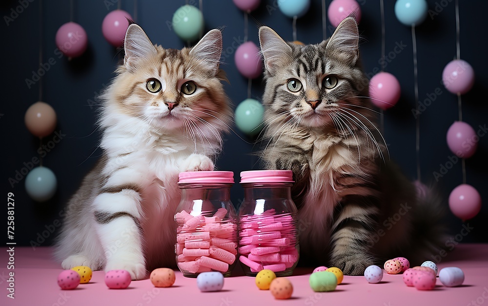 Two fluffy cats with jars of pink marshmallows and scattered colorful eggs, with a festive background