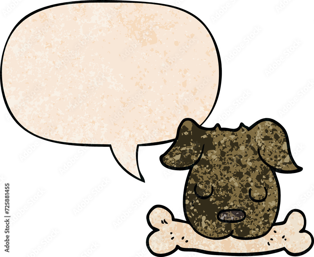 cartoon dog and bone and speech bubble in retro texture style