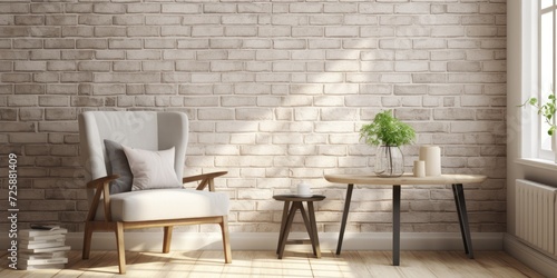 Vintage-style brick wall  beige wood table  smoky gray cushion with white-framed tall glass window and natural lighting in a white cafe room  living room  or lounge.
