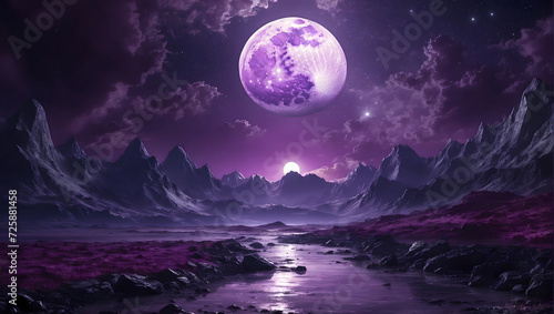 the Fantasy full moon background and river. a river night landscape with full moon. 4k. high quality wallpaper 