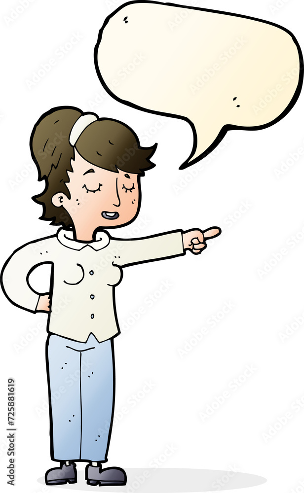 cartoon friendly woman pointing with speech bubble cartoon friendly woman pointing with speech bubble