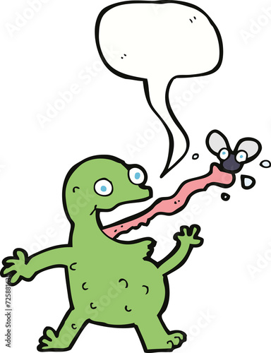 cartoon frog catching fly with speech bubble