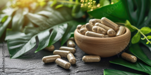 Natural supplements and organic herbal capsules with fresh leaves for a healthy lifestyle.	
