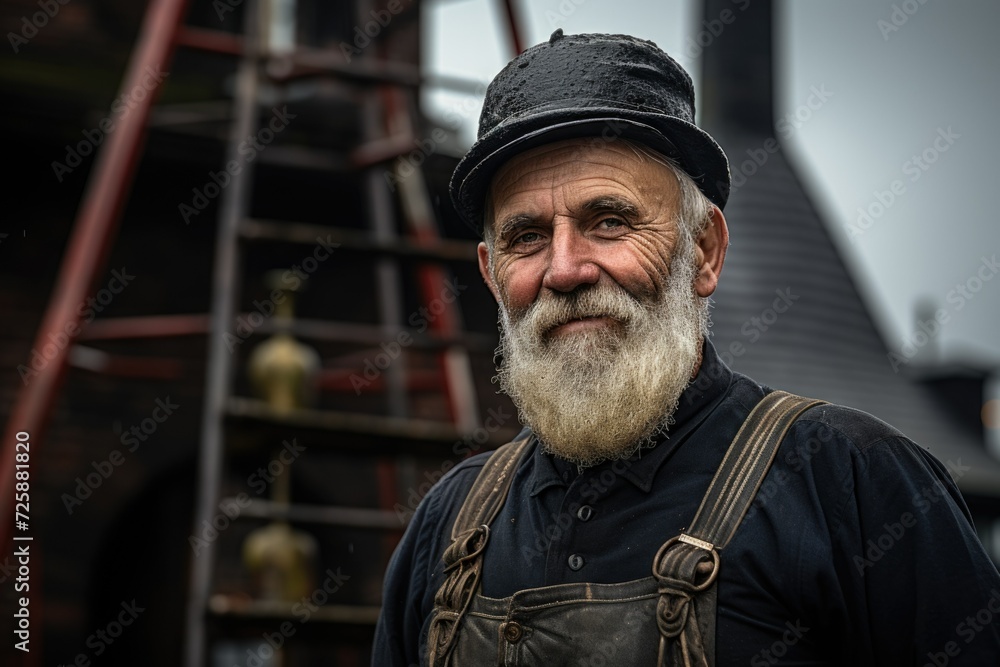 old bearded smiling chimney sweep in a hat at work against the background of a building with chimneys, stairs old bearded smiling chimney sweep in a hat at work against the background of a building with chimneys, stairs