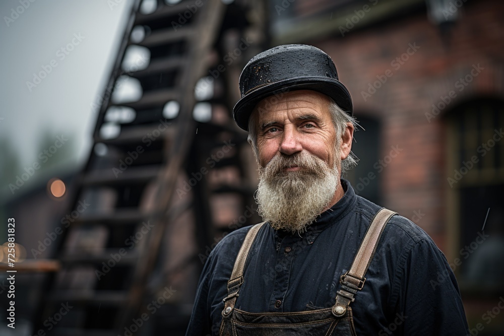 old bearded chimney sweep in a hat at work against the background of a building with chimneys, stairs and tools old bearded chimney sweep in a hat at work against the background of a building with chimneys, stairs and tools
