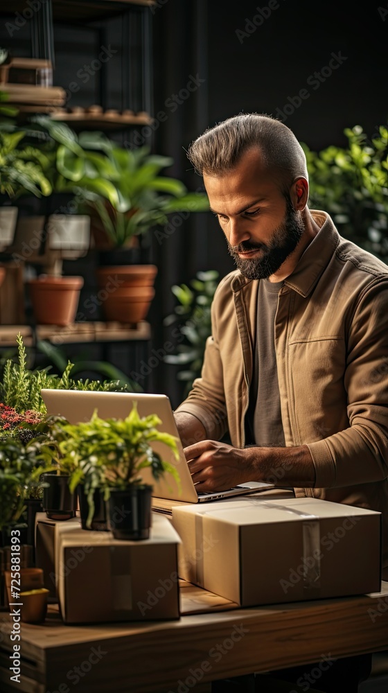 a man works in an online plant store, packs in a box and sends them by mail, enters data into a computer database a man works in an online plant store, packs in a box and sends them by mail, enters data into a computer database