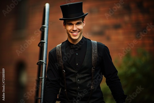 chimney sweep with a ladder on the background of a brick wall photo