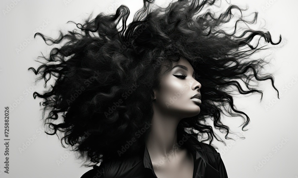 Fototapeta premium Beautiful young woman with a bright makeup. Model with curly hair. Hair salon, haircut. Care and beauty hair products. Perfect make-up