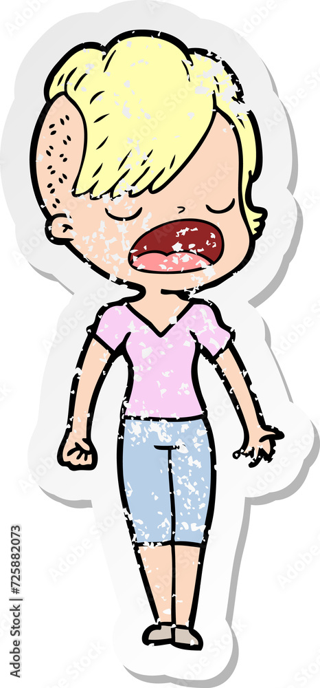distressed sticker of a cartoon cool hipster girl talking distressed sticker of a cartoon cool hipster girl talking