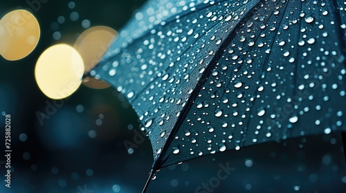 Black umbrella in drops in the rain, close-up, evening lights are blurry