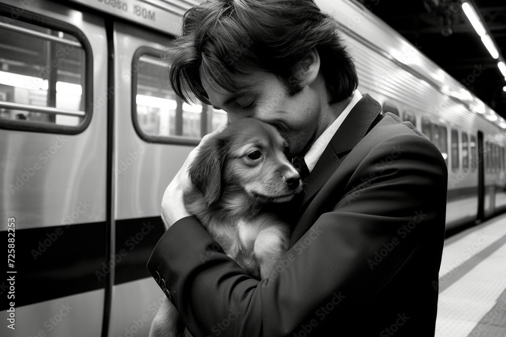 black and white photo of a young handsome man hugging a puppy at the station 