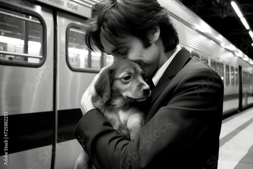 black and white photo of a young handsome man hugging a puppy at the station 