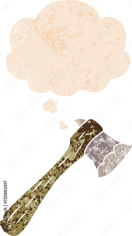 cartoon axe and thought bubble in retro textured style