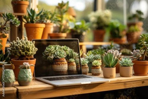 title page of an online store of cacti and succulents. Computer surrounded by plants