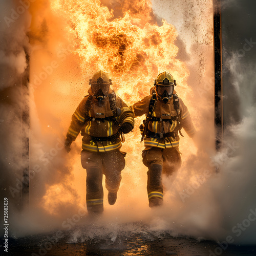 Firefighters breaking through a door to extinguish a fire isolated on white background, png 
