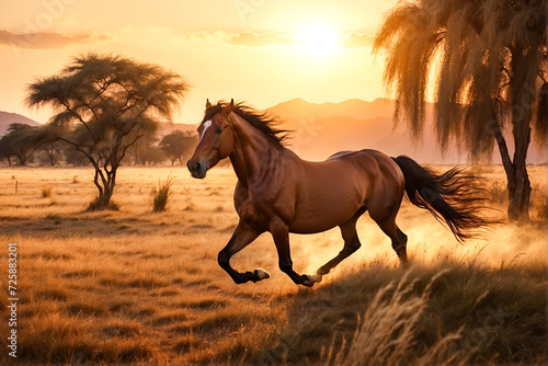 Criollo horse running and kicking up dust at sunset in Pampa Gaucho, southern Brazil
